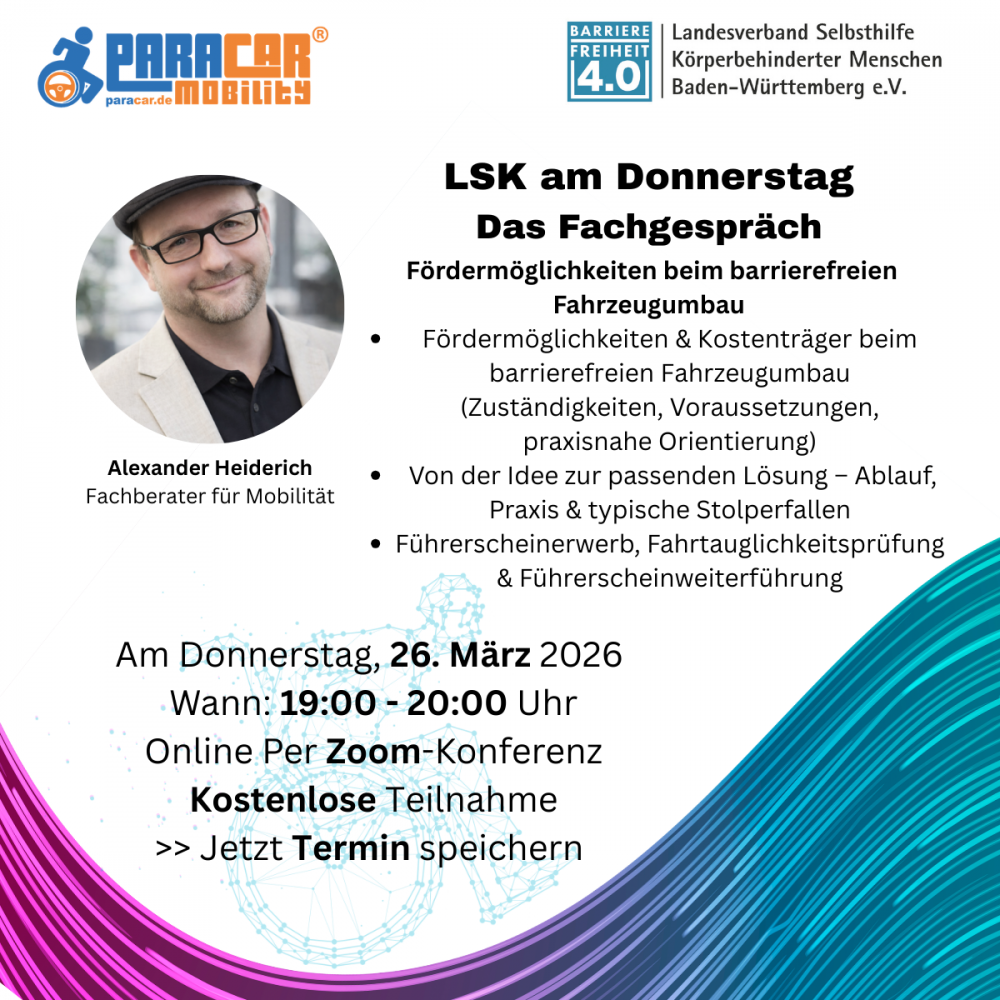 Der LSK lädt ein zum Fachgespräch am 26. März 2026 um 19:00 Uhr online mit Alexander Heiderich, Fachberater für Mobilität.